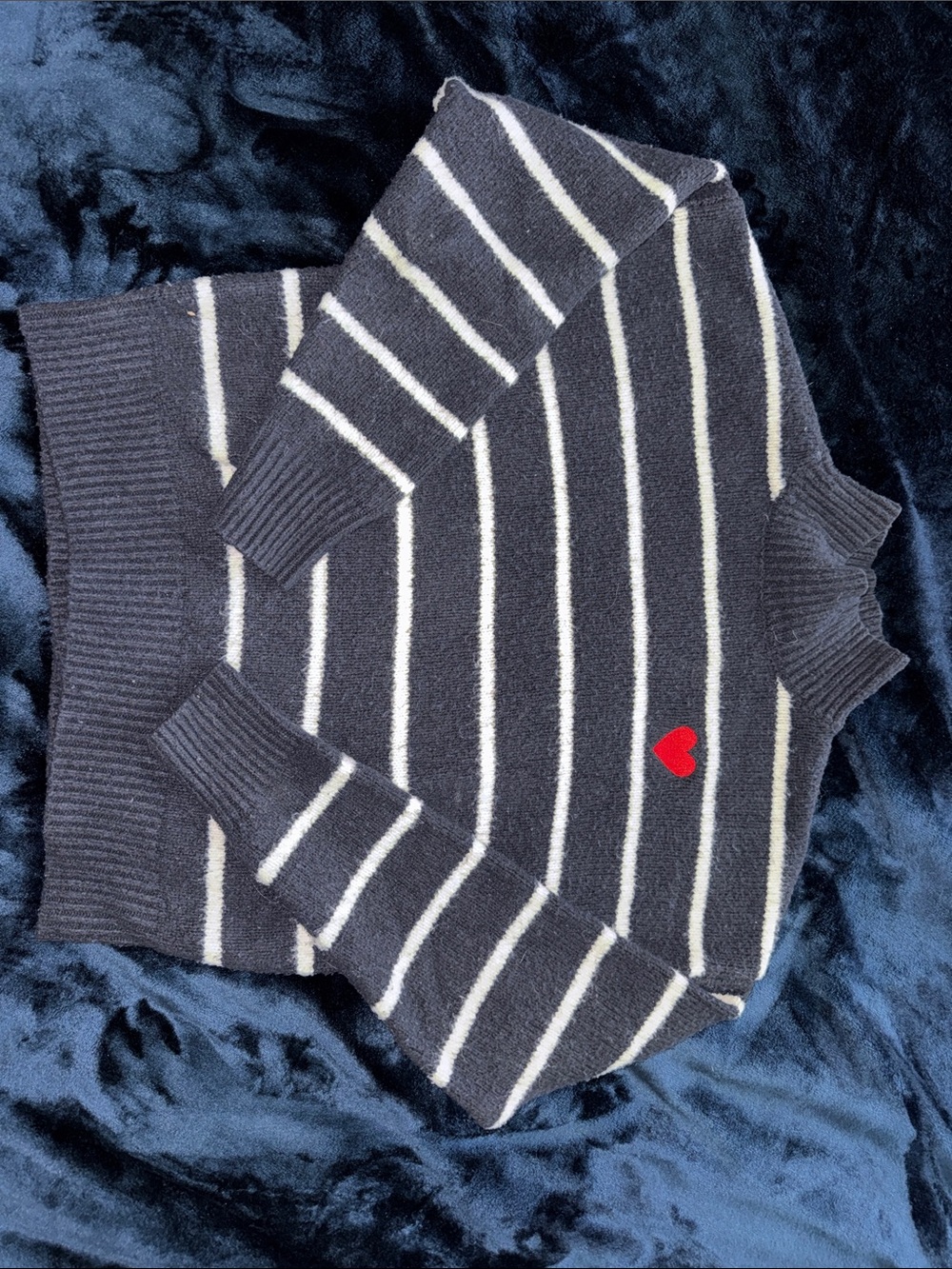 Woman’s Navy White Stripe Sweater with Red Heart Accent